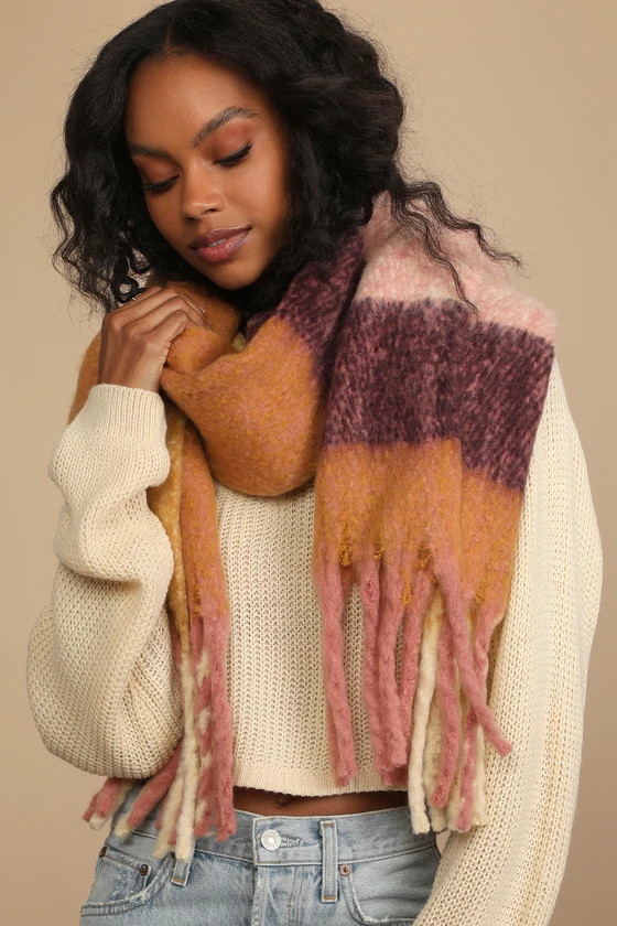 Season of Cozy Dusty Pink Multi Plaid Fringe Oversized Scarf | Lulus (US)