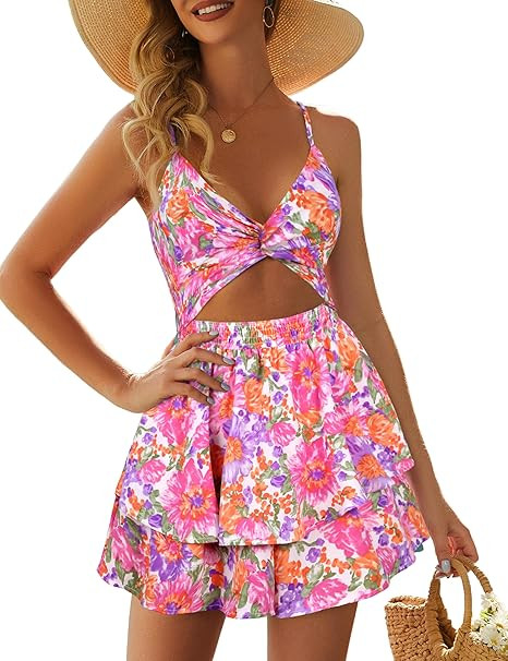 AGERWAY Women's Jumpsuit Sexy V Neck Twist Spaghetti Straps Double Layer Ruffle Hem Mini Short Ro... | Amazon (US)