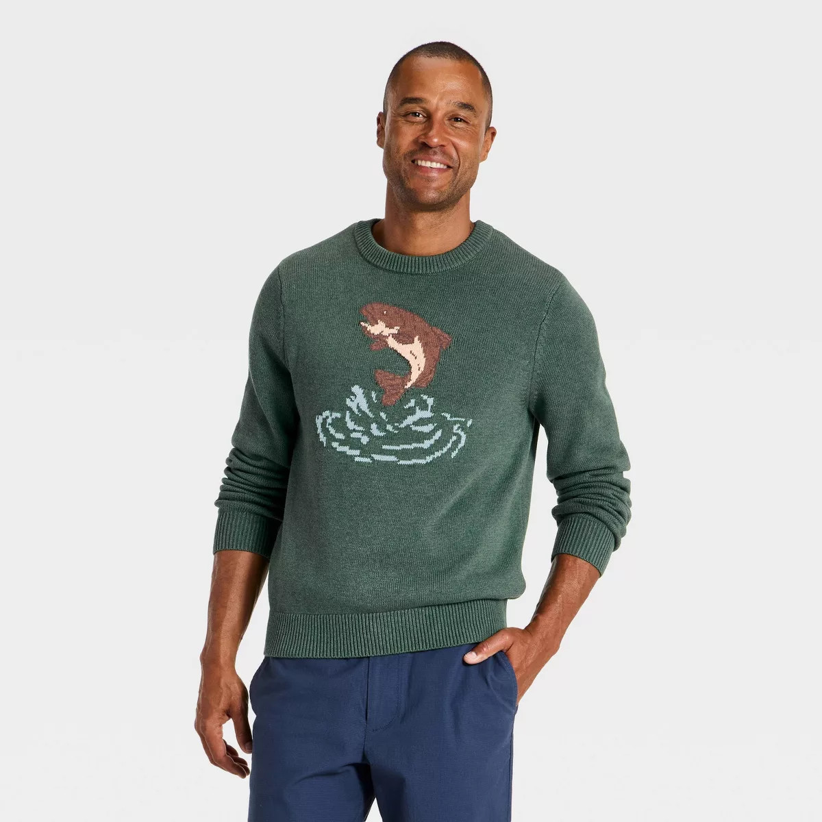 Men's Vintage Fish Intarsia Crew Sweater - Goodfellow & Co\u2122 Green L | Target