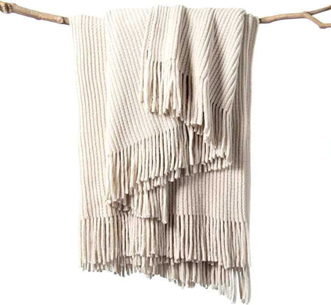 LIFEIN Knitted White Throw Blanket for Couch - Soft Fall Farmhouse Chenille Boho Throws, Cozy Kni... | Amazon (US)