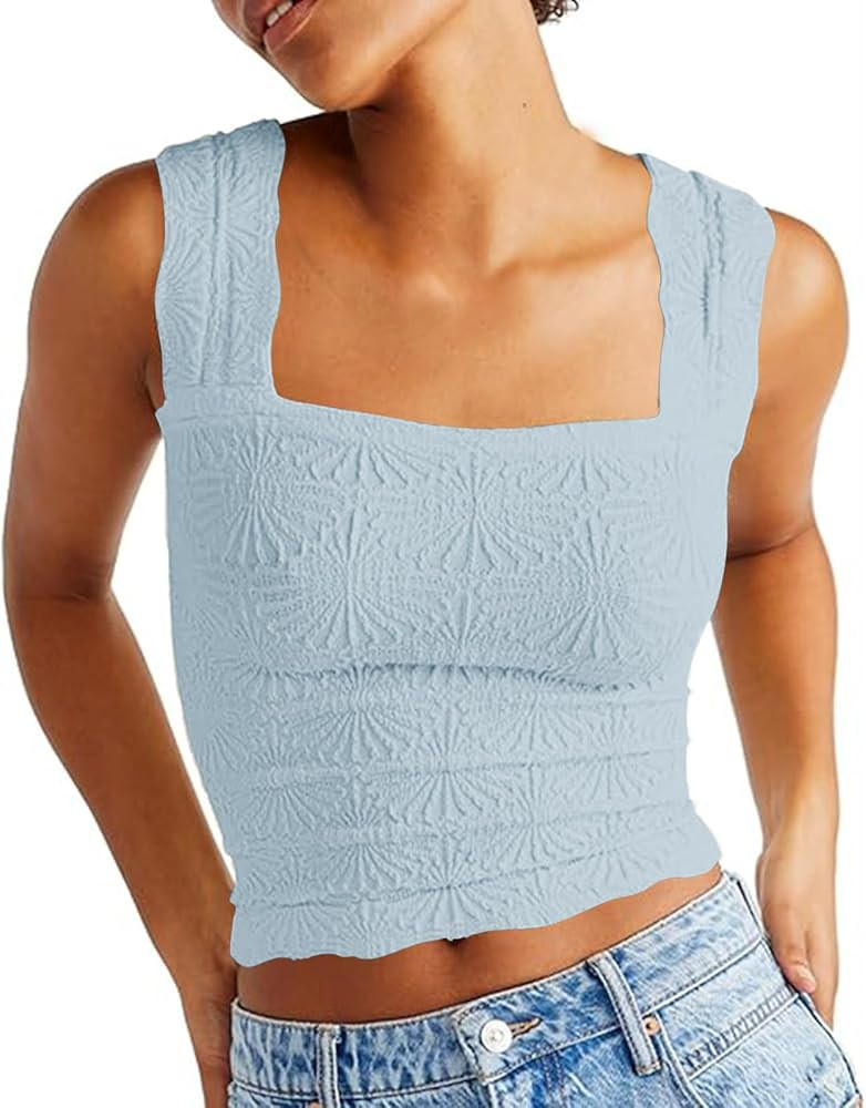 Tank Tops for Women 2024 Trendy, Square Neck Wide Straps Crop Tank Tops Floral Lettuce Trim Slim ... | Amazon (US)