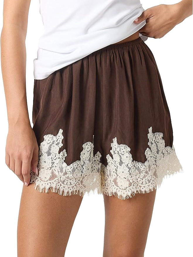 Women Lace Trim Shorts Elastic Waist Satin Silk Micro Mini Bottoms | Loose Flowy Patchwork Lace H... | Amazon (US)