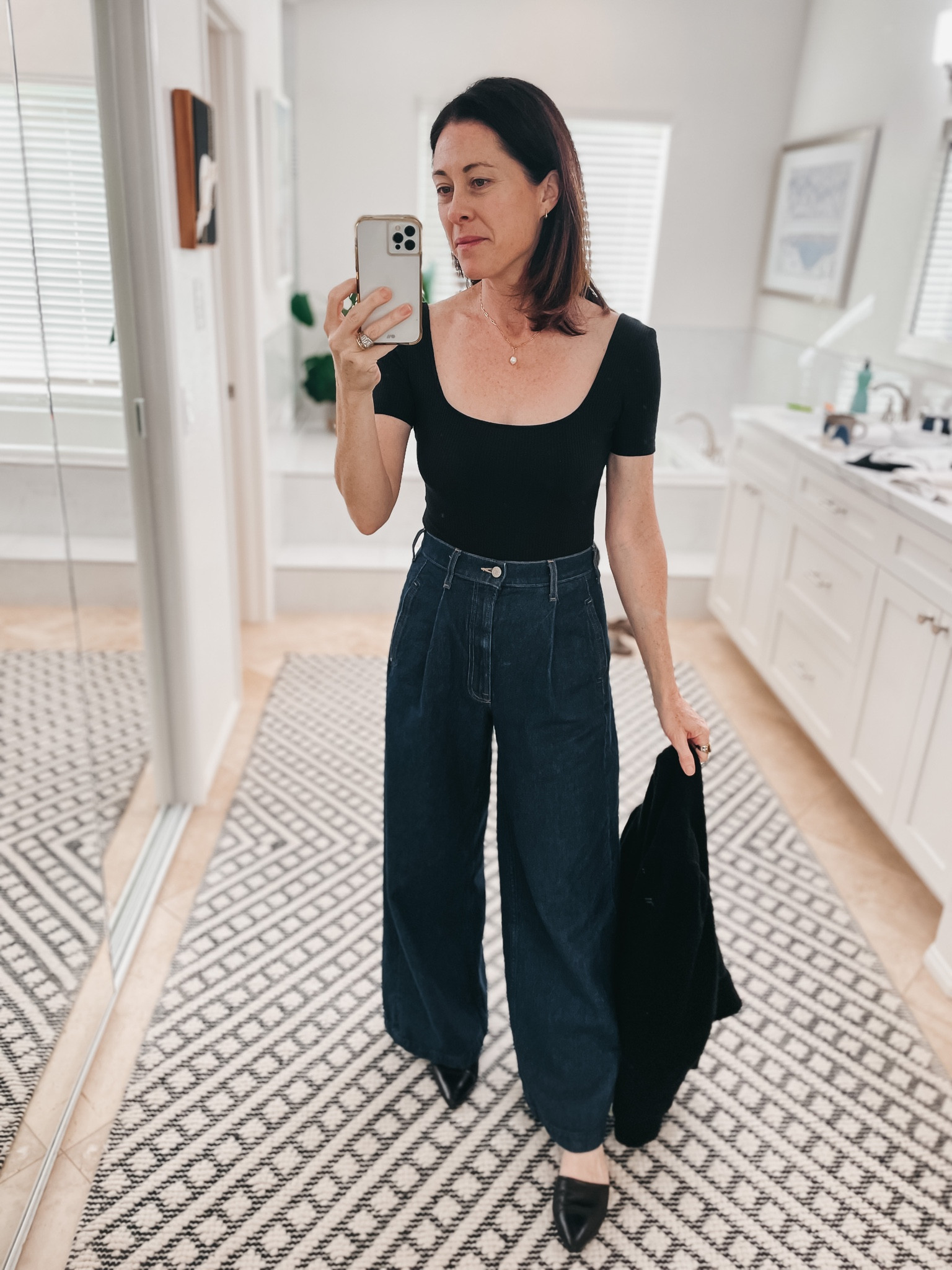 One of my favorite outfit combos - 
Square neck bodysuit - sezane true to size 
Jeans - my favorite Mother Snack denim wide leg - true to size 
Flats - Jenni kayne comfortable!
Coat - Sold out nyc 

#LTKstyletip #LTKSeasonal