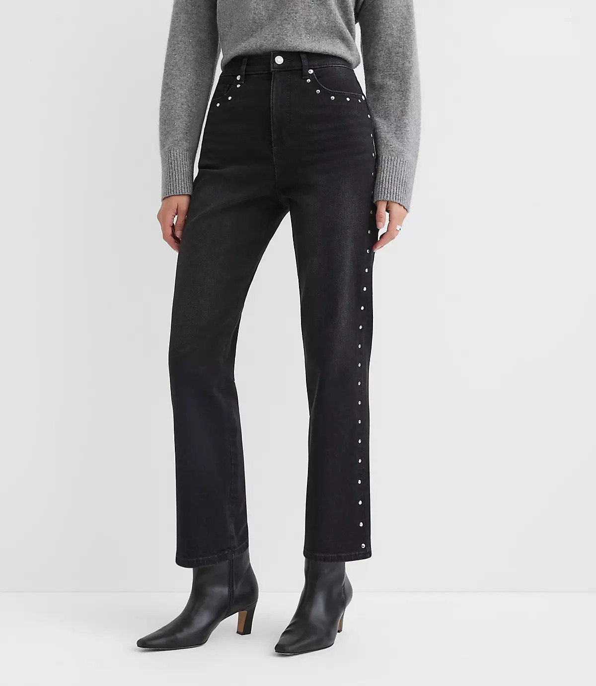 Studded High Rise Straight Jeans in Washed Black | LOFT