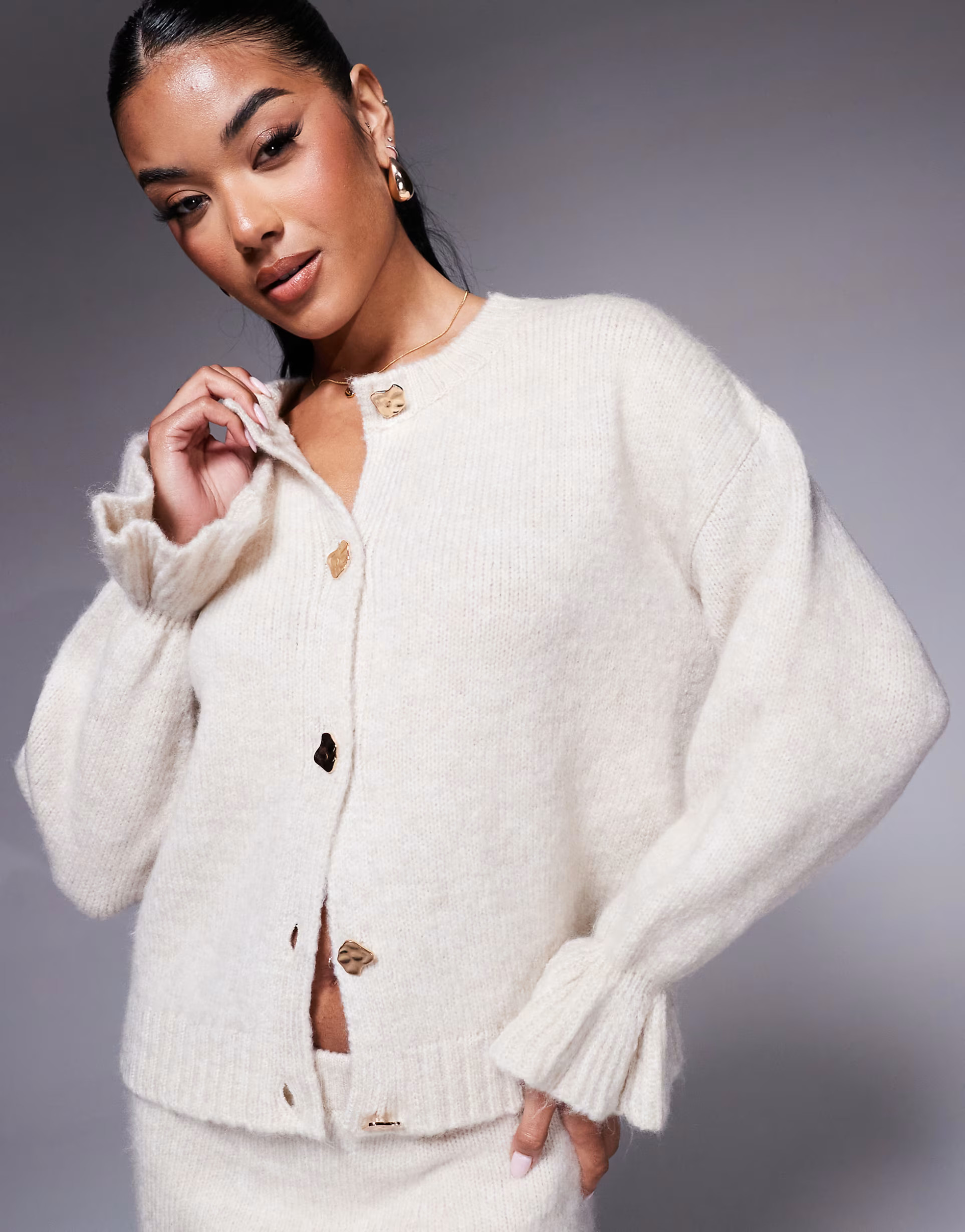 ASOS DESIGN knitted cardigan co ord with gold buttons in ecru | ASOS (Global)