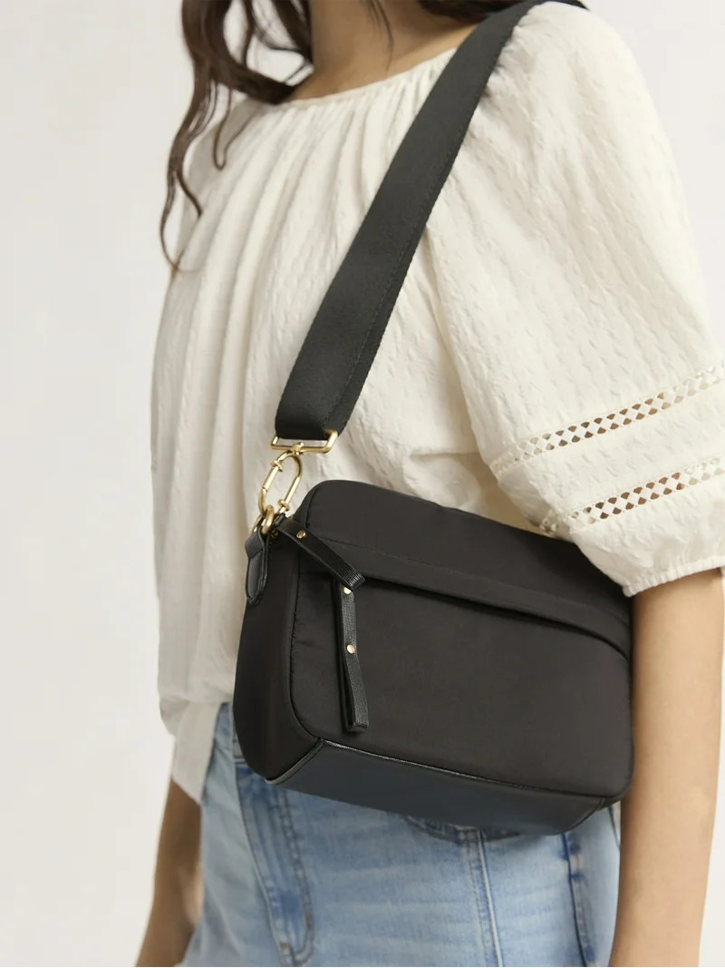 Time and Tru  Women’s Nylon Pearl Camera Crossbody Bag, Black | Walmart (US)