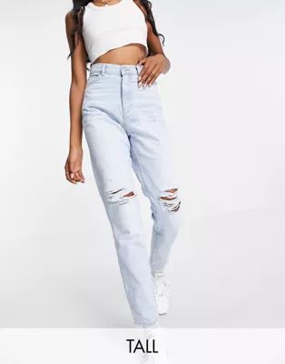 Dr Denim Tall Nora high rise mom jeans with ripped knees in bleach wash blue | ASOS (Global)