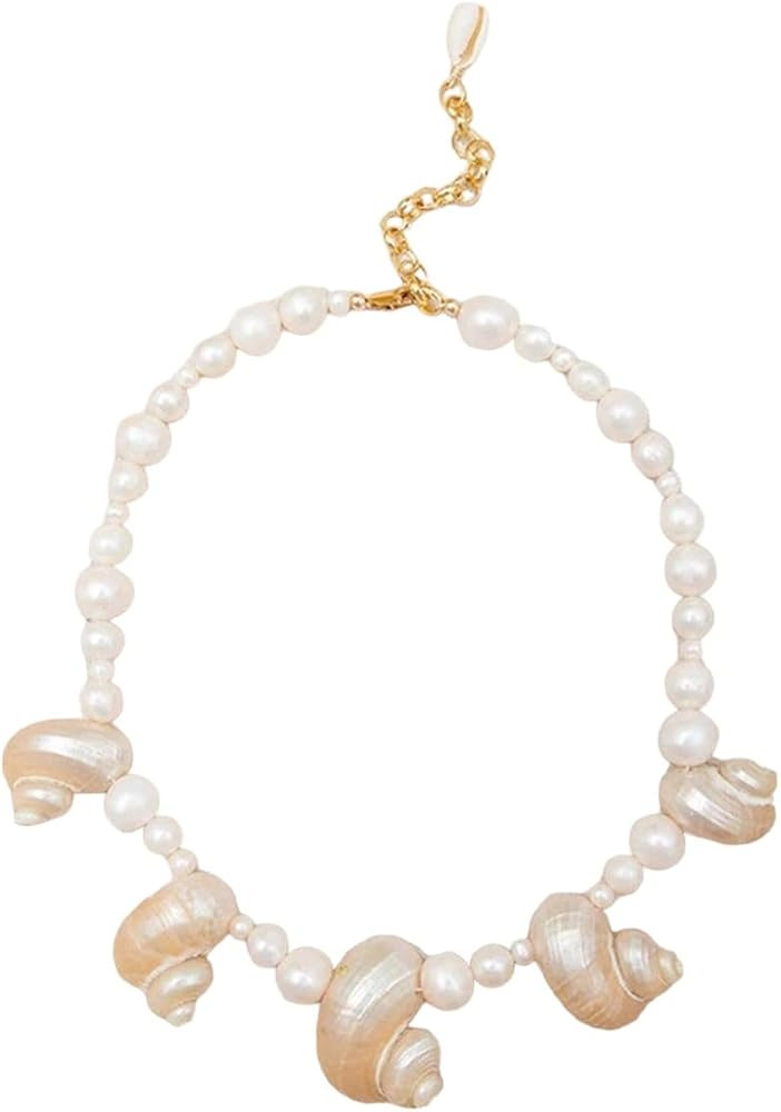 Handmade Freshwater Pearl White Shell Choker Women Summer Must-Have Cowley Shell Necklace Creativ... | Amazon (US)