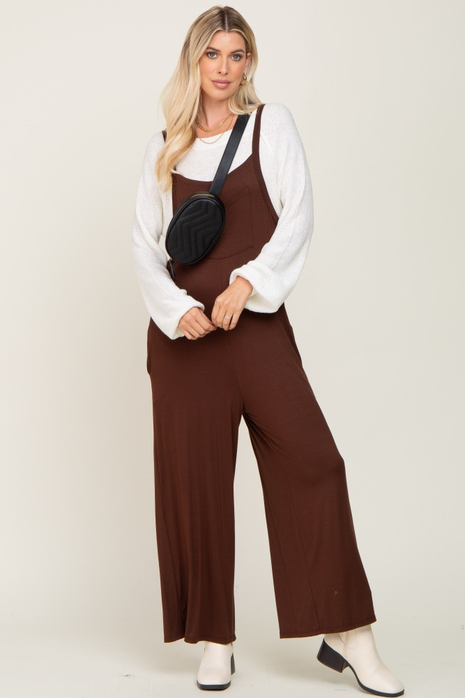 Brown Sleeveless Pocketed Wide Leg Maternity Jumpsuit | PinkBlush Maternity