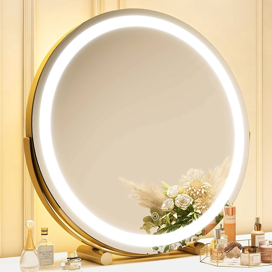 Gold Vanity Mirror, 18 Inch Lighted Makeup Mirror with Smart Touch 3 Colors Dimmable, Tabletop, 3... | Amazon (US)