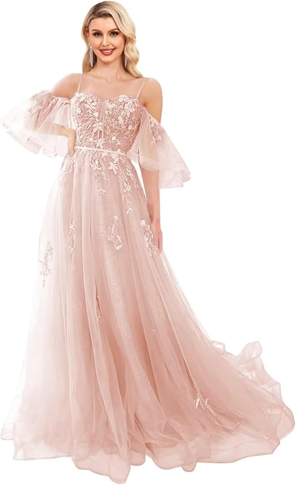 Off Shoulder Tulle Prom Dresses Lace Appliques Formal Dress Spaghetti Straps Ball Gown with Puffy... | Amazon (US)