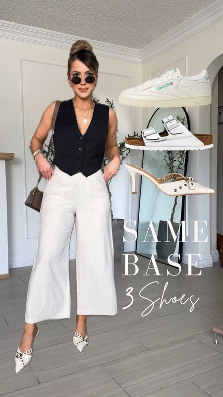 Same base 3 SHOES! Showing you a few ways to style this casual chic SPRING OUTFIT 😍

✔️ linen pants + vest  SMALL
✔️ tank top SMALL

#LTKsalealert #LTKU #LTKstyletip