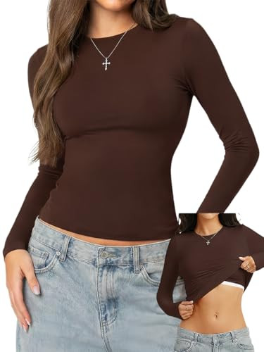 Danysu Double Lined High Round Neck Long Sleeve Tops for Women with Built in Bra Nylon Basic Crop... | Amazon (US)