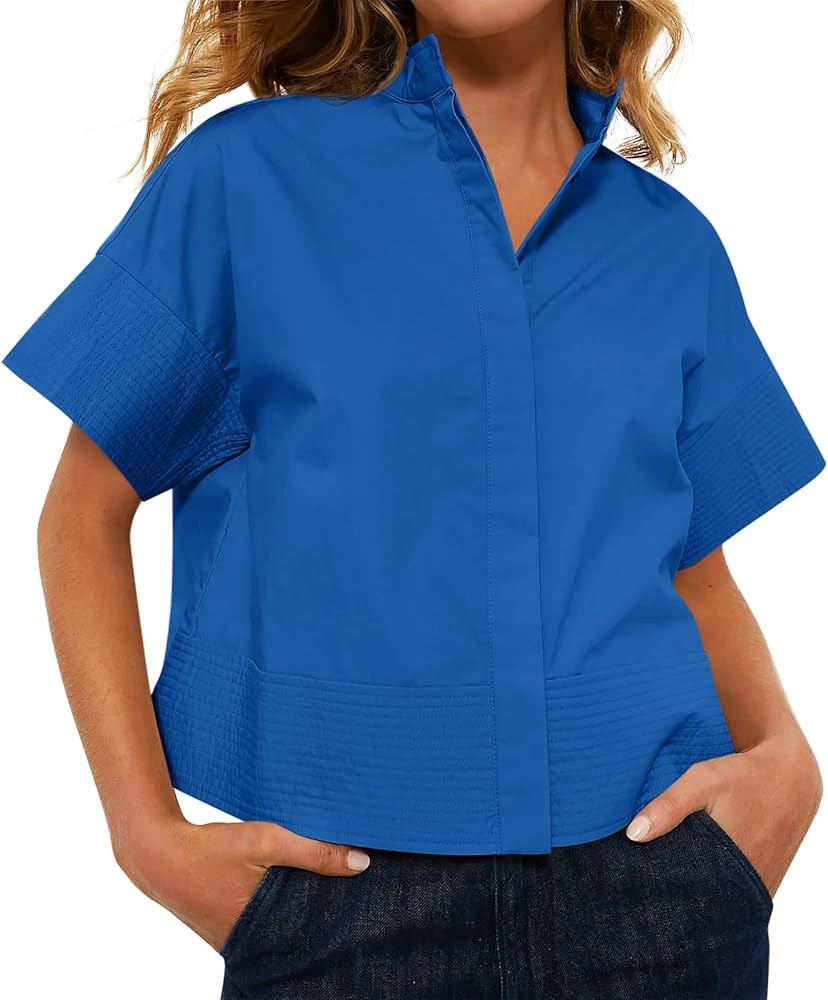 Cicy Bell Womens Cropped Short Sleeve Button Down Shirts Pleated Summer Dressy Casual Blouse Stan... | Amazon (US)