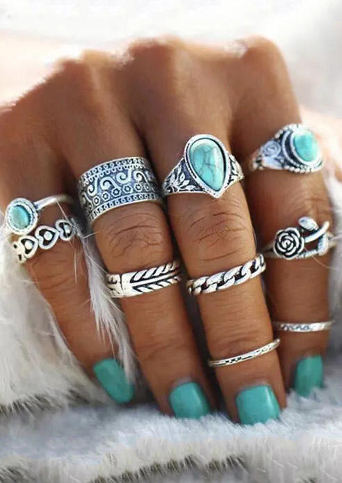 10Pcs Bohemian Turquoise Rose Ring Set | Bellelily