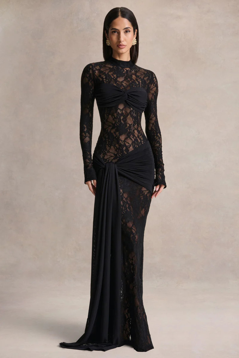 Akira  Black Lace Maxi Dress With Sash-Detail | Club L London