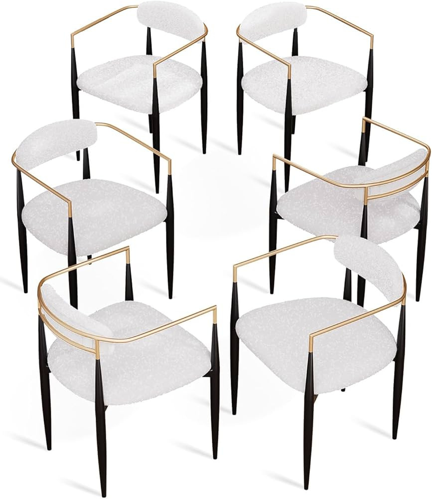 Morden Fort Dining Chairs Set of 6, White Modern Boucle Chairs, Brushed Gold Armchairs with Black... | Amazon (US)