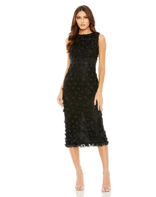 Mac Duggal Floral Applique Sleeveless Midi Dress in Black at Nordstrom, Size 14 | Nordstrom