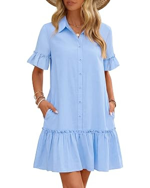 MEROKEETY Women's 2026 Summer Casual Shirt Dress Button Down Ruffle Sleeve Shift Mini Dresses wit... | Amazon (US)