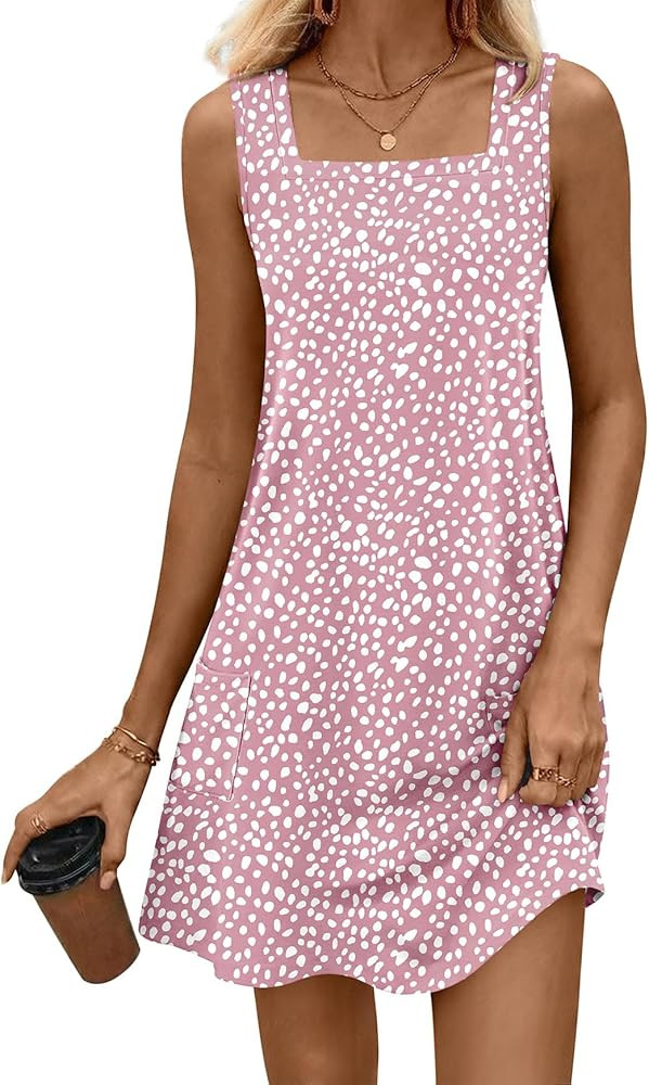 ATHMILE Womens Square Neck Tank Dresses 2026 Summer Spring Loose Swing Sundresses with Pockets Pl... | Amazon (US)