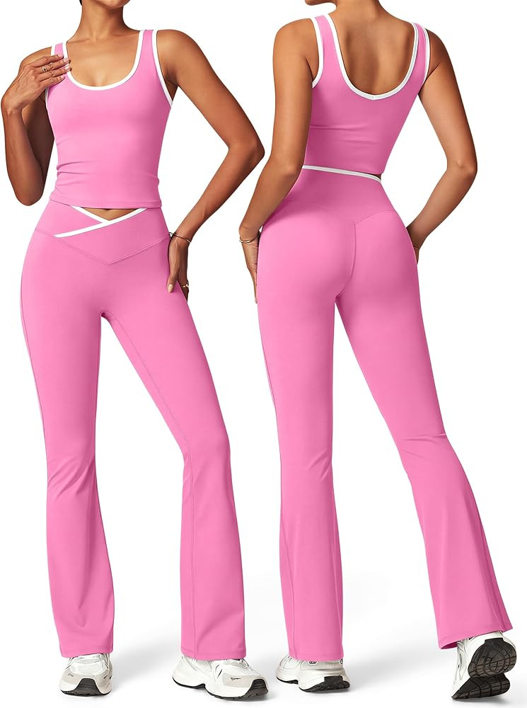 OLCHEE Womens Workout Sets 2 Piece Gym Yoga Outfits Crossover Flare Leggings Crop Tank Top with C... | Amazon (US)