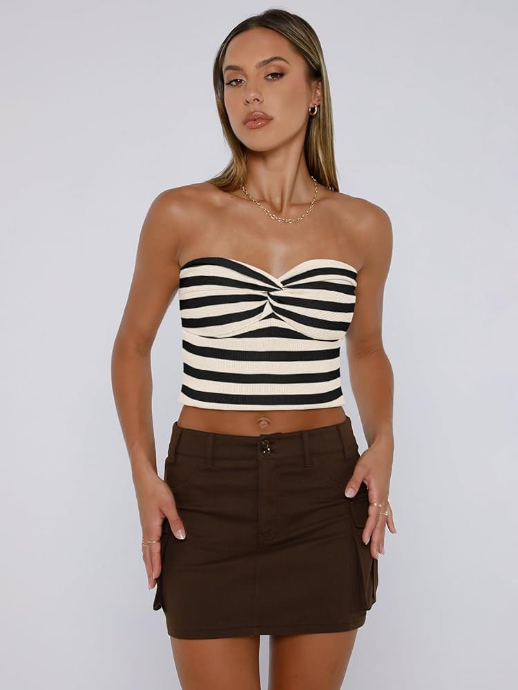 EFAN Womens Tube Tops Summer Outfits 2025 Casual Beach Vacation Clothes Sweaters Strapless Sleeve... | Amazon (US)