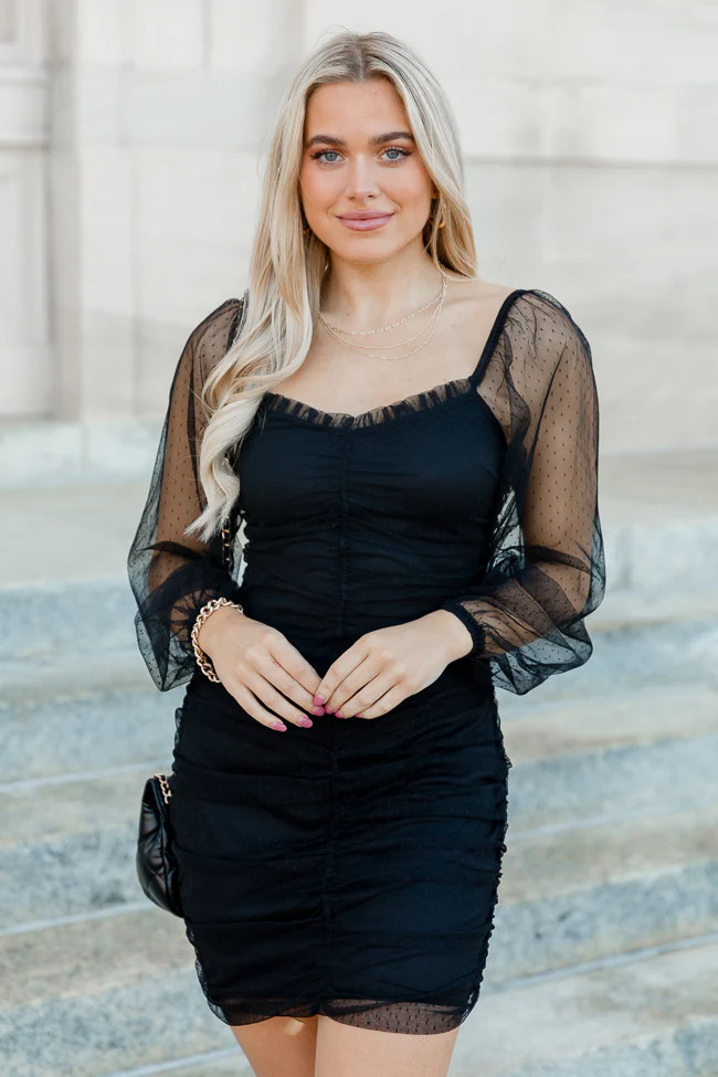 Walk This Way Black Polka Dot Mesh Long Sleeve Mini Bodycon Dress FINAL SALE | Pink Lily