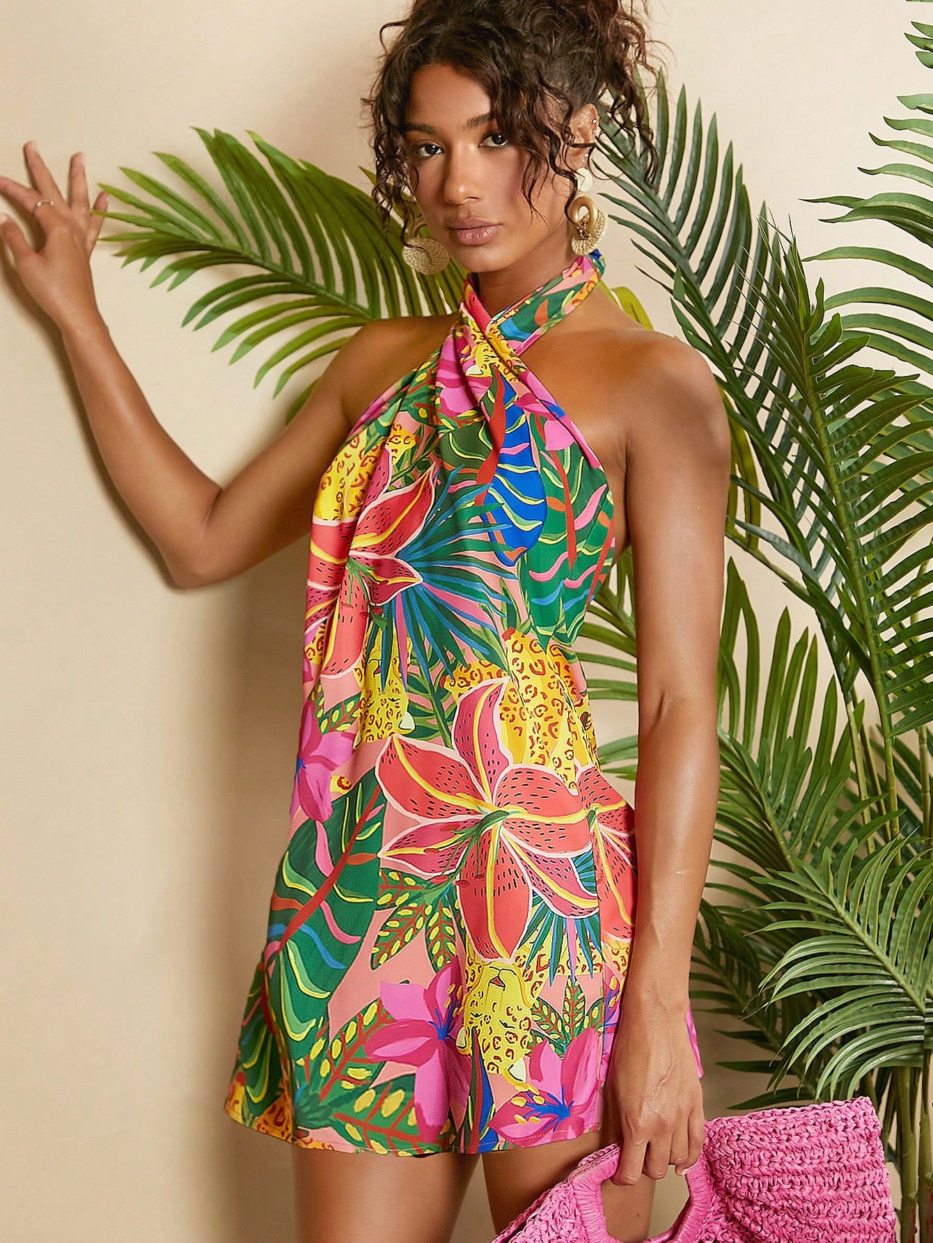 Travachic Tropical Print Crisscross Halter Backless Dress | SHEIN USA | SHEIN