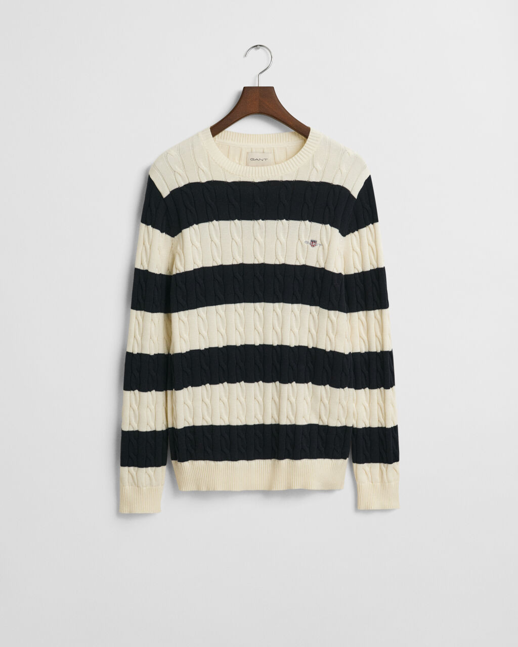 Striped Cotton Cable Knit Crew Neck Sweater - GANT | Gant