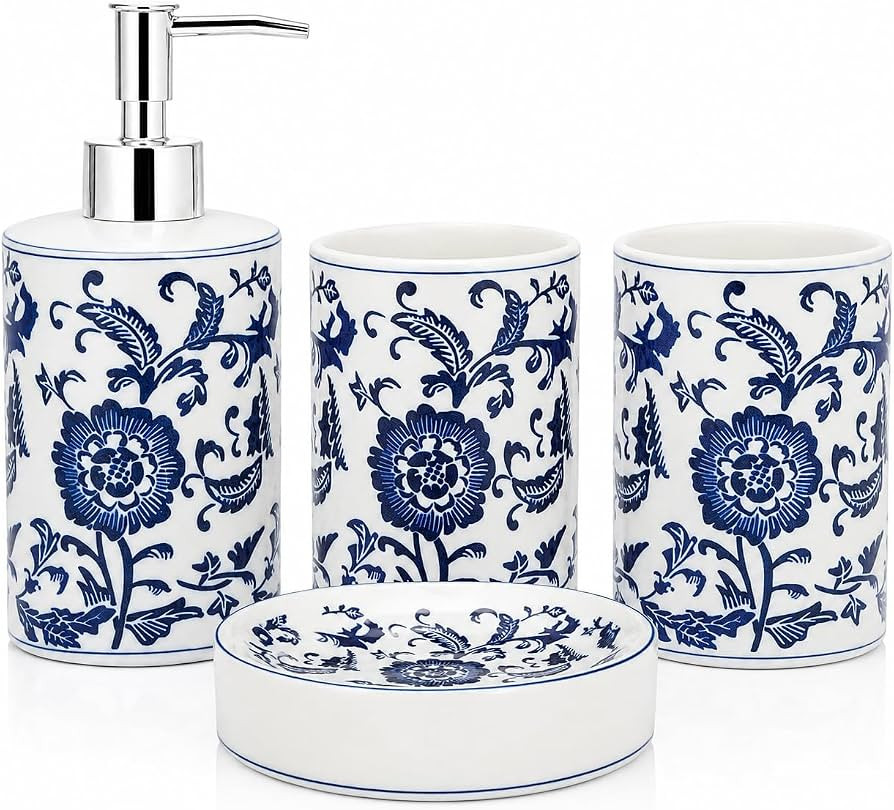 4 Piece Blue and White Ceramic Bathroom Accessories Set, Chinoiserie Floral Soap Dispenser, 2 Too... | Amazon (US)