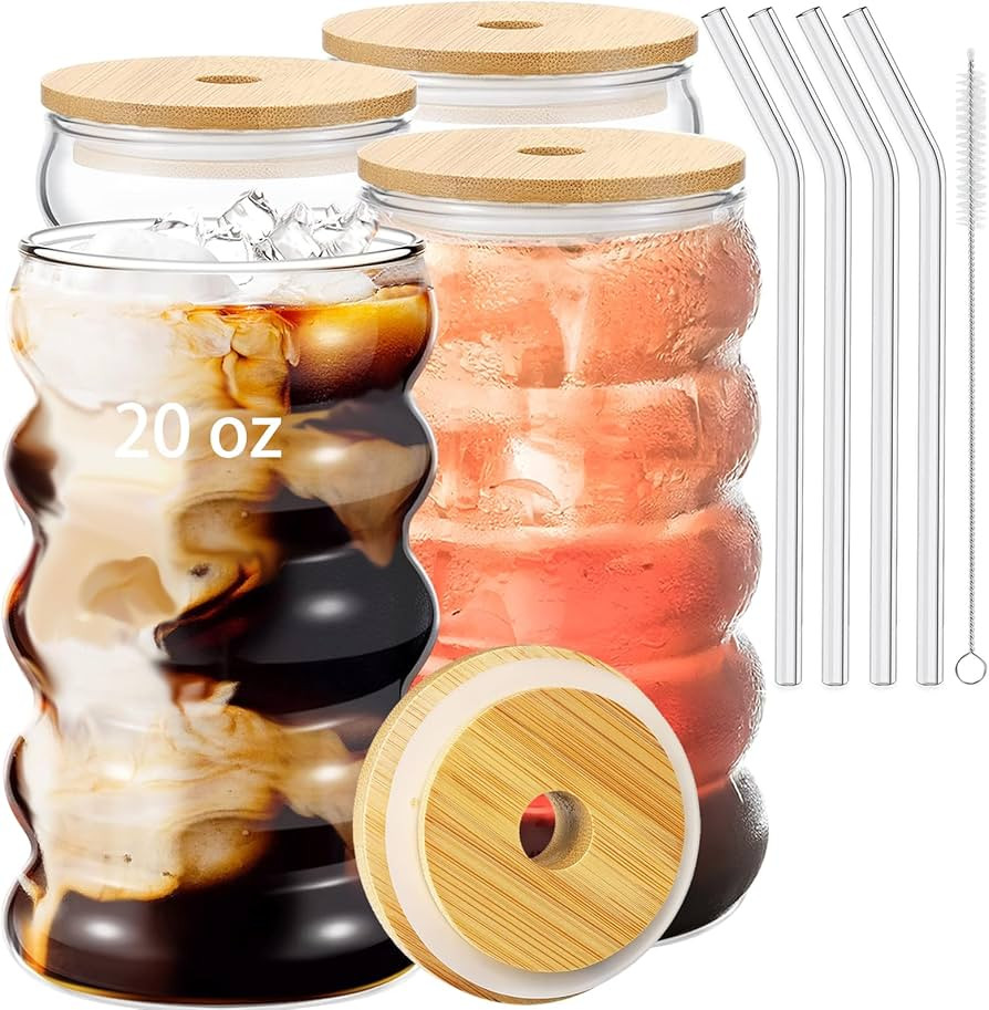 4 Pcs 20oz Drinking Glasses Set with Bamboo Lids and Straws, Cute Iced Coffee Glass Cups, Iced Co... | Amazon (US)