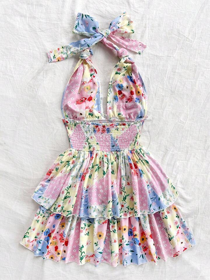 Soleia Multi-Color Block Patchwork Retro-Floral Country Style Vacation Romantic Casual Dress With Ruffles, Knots, And Bow, Double-Layered 'A' Dress | SHEIN