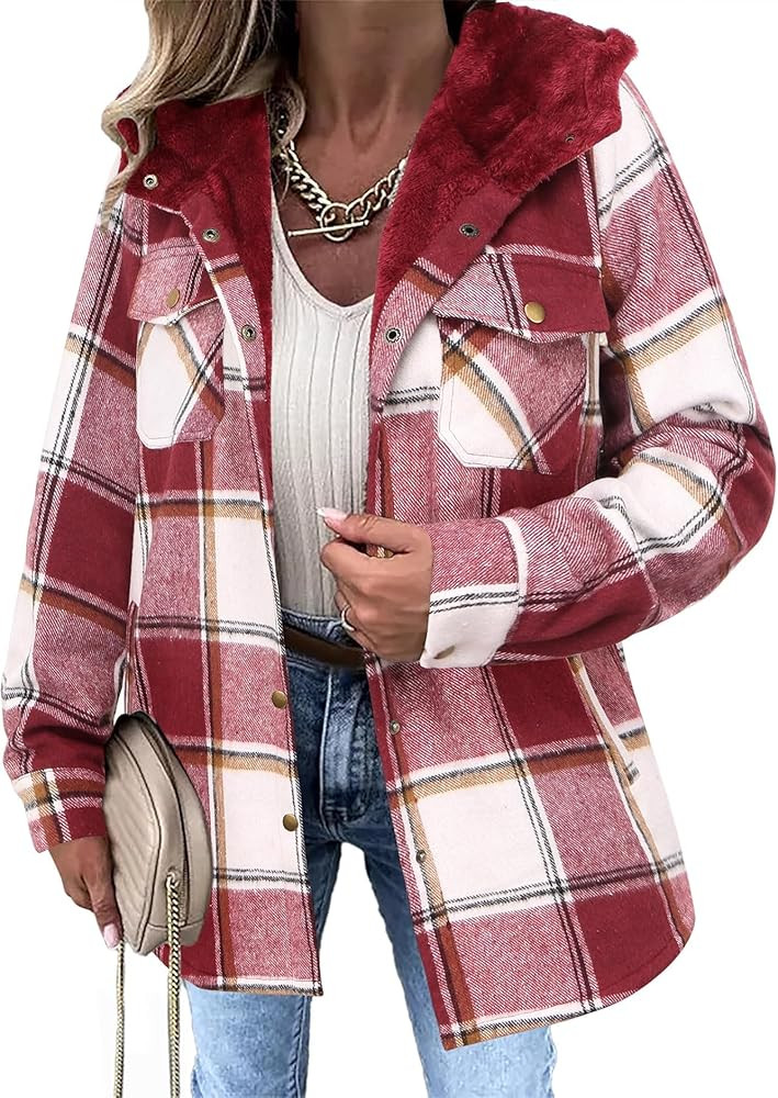 Zeagoo Womens Plaid Shacket Jacket Long Sleeve Fleece Hooded Jackets Fall Winter Warm Coat S-2XL | Amazon (US)
