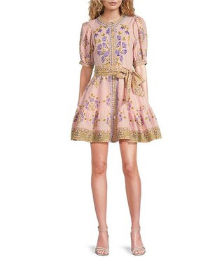 A Loves A Floral Woven Linen Round Neck Short Bubble Sleeve Button Front Tie at Waist A-Line Flou... | Dillard's