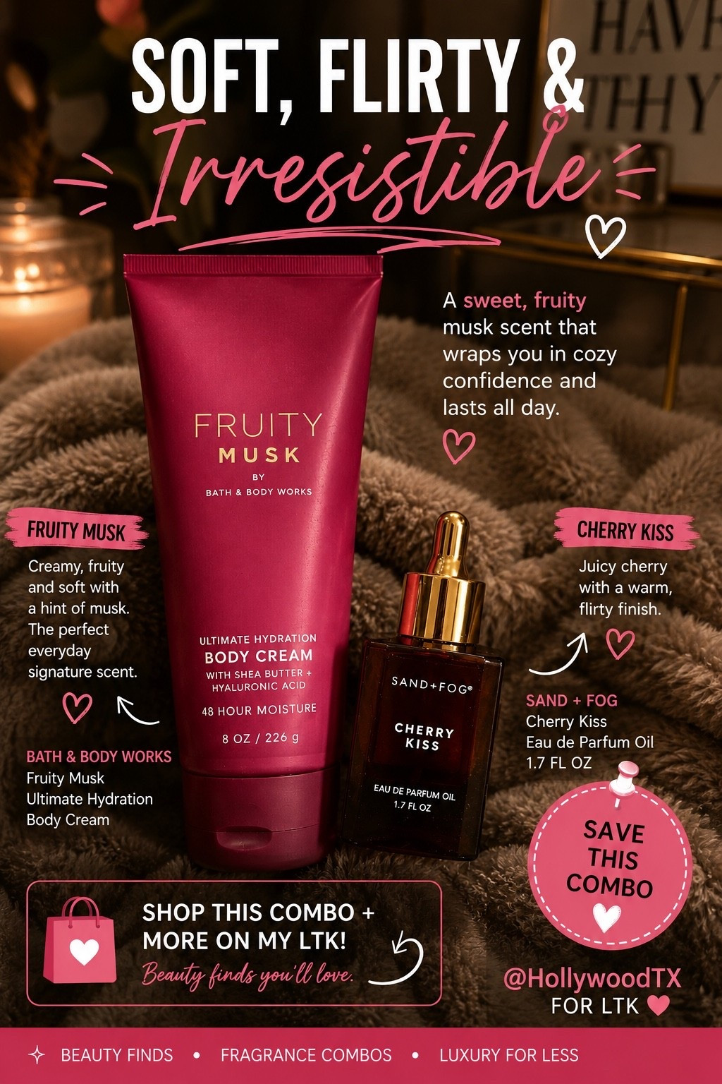 Soft, flirty, and just the right amount of sweet. 💕

I’ve been loving this layering combo! I start with the Fruity Musk Ultimate Hydration Body Cream for a creamy, fruity base, then layer with a juicy cherry perfume oil for a warm, feminine finish that lasts for hours.

If you’re into fruity fragrances with soft musk and cozy vibes, this combo is definitely worth trying.

✨ Shop this fragrance combo and more of my favorite beauty finds right here on my LTK! I’m always sharing affordable luxury, fragrance layering combos, and products I genuinely reach for.

#LTKgrwm #LTKselfcare #LTKBeauty