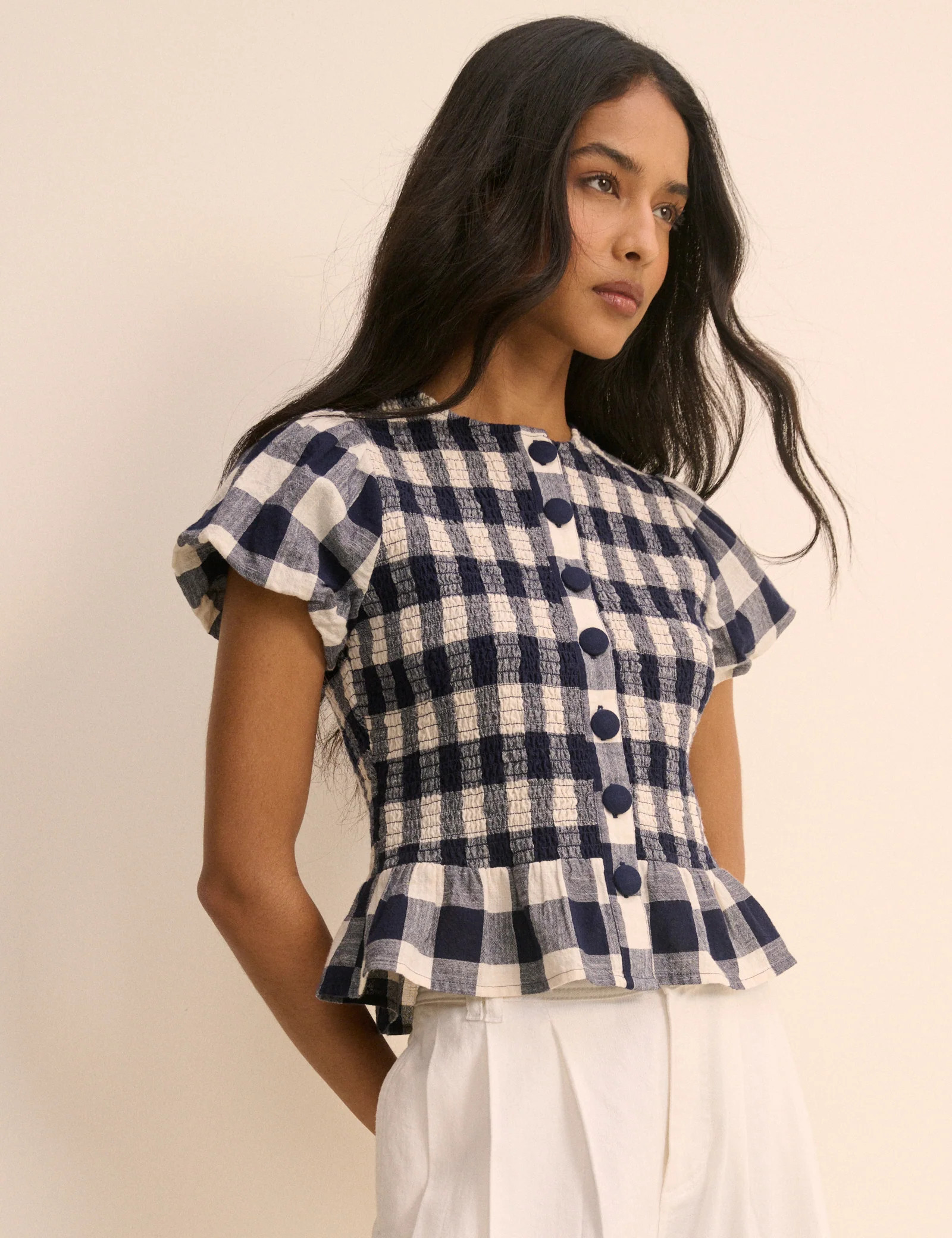 Navy Gingham Puff Sleeve Blouse | Nobody's Child