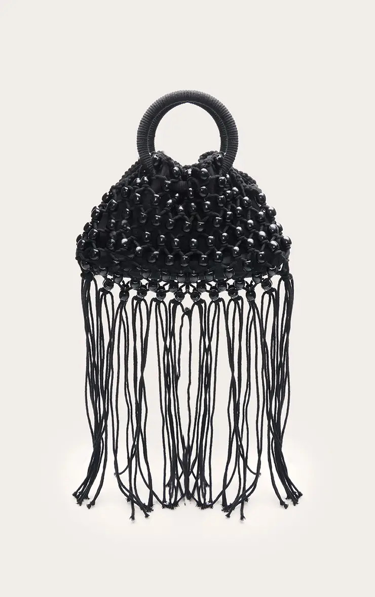 Black Beaded Weave Bucket Bag | PrettyLittleThing UK