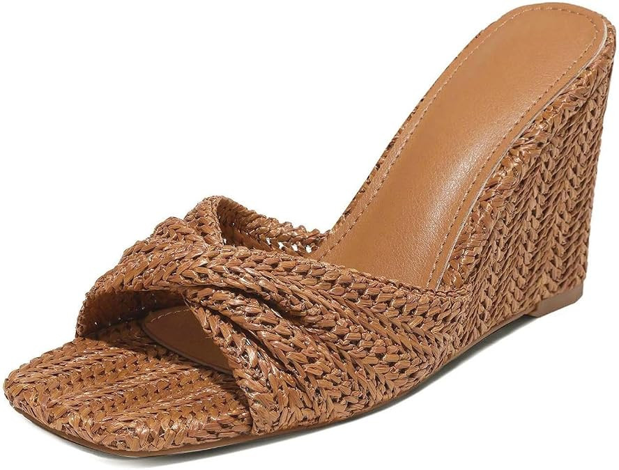 EQAUDES Wedge Sandals for Women Summer Raffia Braided Mules Slides - Slip On, Square Open Toe, Dr... | Amazon (US)