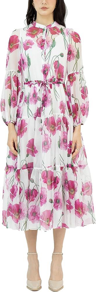 SIXDO Womens 2024 Floral Maxi Dresses Button Down Long Sleeve Ruffle Fabric Tie Flowy Swing Casua... | Amazon (US)