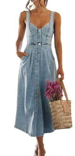 ebossy Stretchy Smocked Denim Dress for Women Sleeveless Babydoll Button Down Midi Long Jean Dres... | Amazon (US)