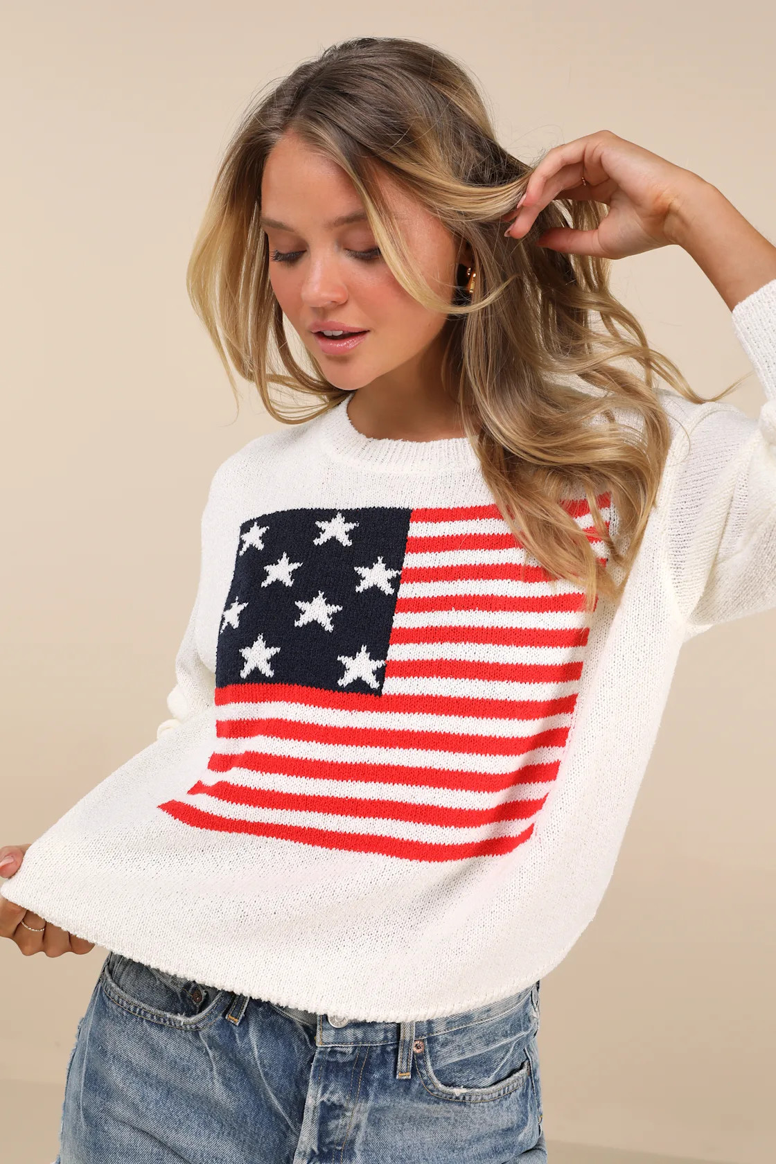 Sofija Ivory American Flag Knit Crew Neck Pullover Sweater | Lulus
