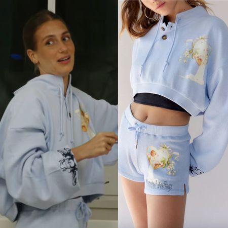 Amanda Batula’s Blue Cropped Sweatshirt and Shorts 