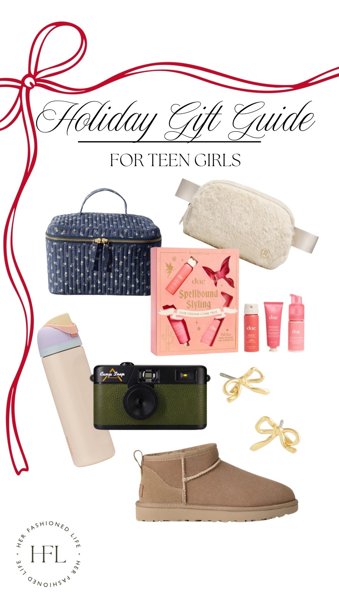 A gift guide for the teen girls on your list ✨ #HolidayGiftGuide #MakeUpBag #Waterbottle #Camera #Earrings #Uggs #HairCare #TeenGirls 