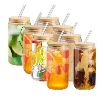 8 Pcs Beer Can Shaped Drinking Glass Tumbler With Straw And Lid(16 OZ )Glass Cups With Bamboo Lids And Straws,Iced Coffee Cups,Glass Cup For Smoothie | SHEIN