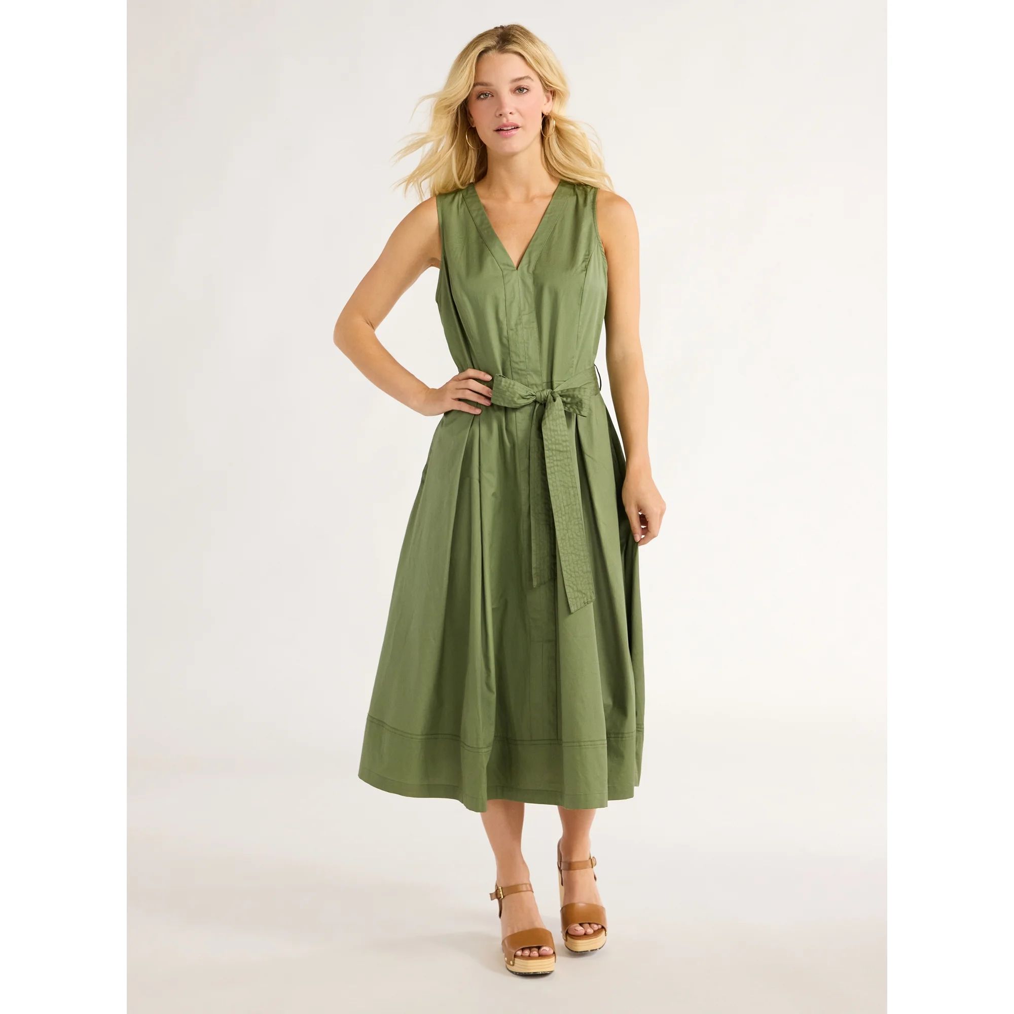 Free Assembly Women's Sleeveless V-Neck Belted Cotton Midi Dress, XS-XXL | Walmart (US)