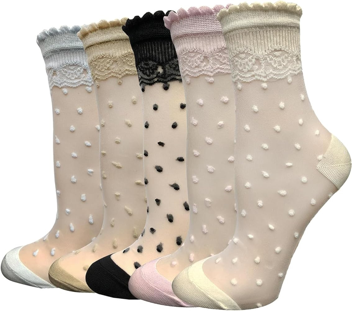 Cityelf 5 Pack Women Sheer Socks Summer Ruffle Thin Cool Footwear See Through Silky Lace Ankle Cu... | Amazon (US)