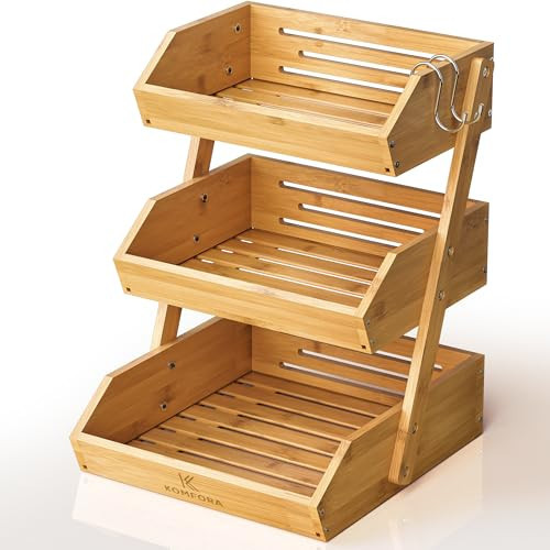 KOMFORA Bamboo Fruit Basket 3-Tier - Premium Produce Basket for Kitchen w/ 2 Hangers - Durable & Easy to Assemble Stand for Countertop - Perfect Holder for Vegetables, Bread, Snacks & More | Amazon (US)