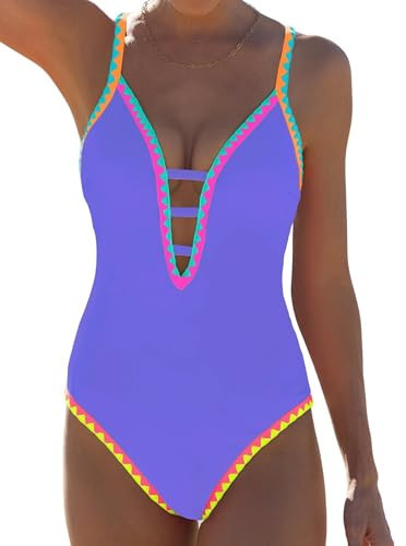 popvil Women One Piece Swimsuit Tummy Control Deep V Neck Neon Cute Bathing Suit Back Tie Swim Suits 2026 Summer, Purple Small | Amazon (US)