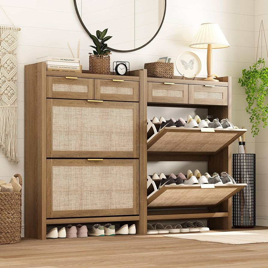 Shoe Organizer Cabinet Storage for Entryway - Slim Rattan Shoe Rack for Front Door Entrance, Narr... | Amazon (US)