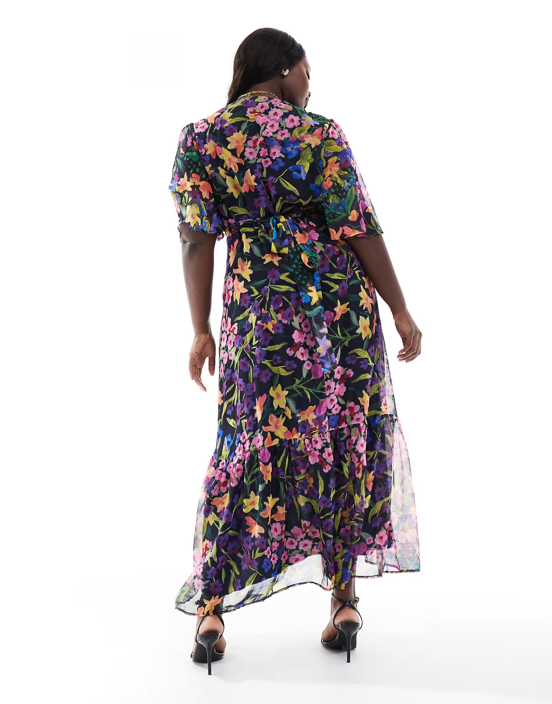 Hope & Ivy Plus flutter sleeve maxi wrap dress with tie waist in purple multi | ASOS (Global)